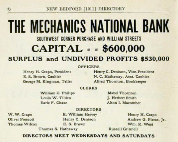 1911 MEchanic's National Bank  Directory Listing -  New Bedford, Ma. - www.WhalingCity.net
