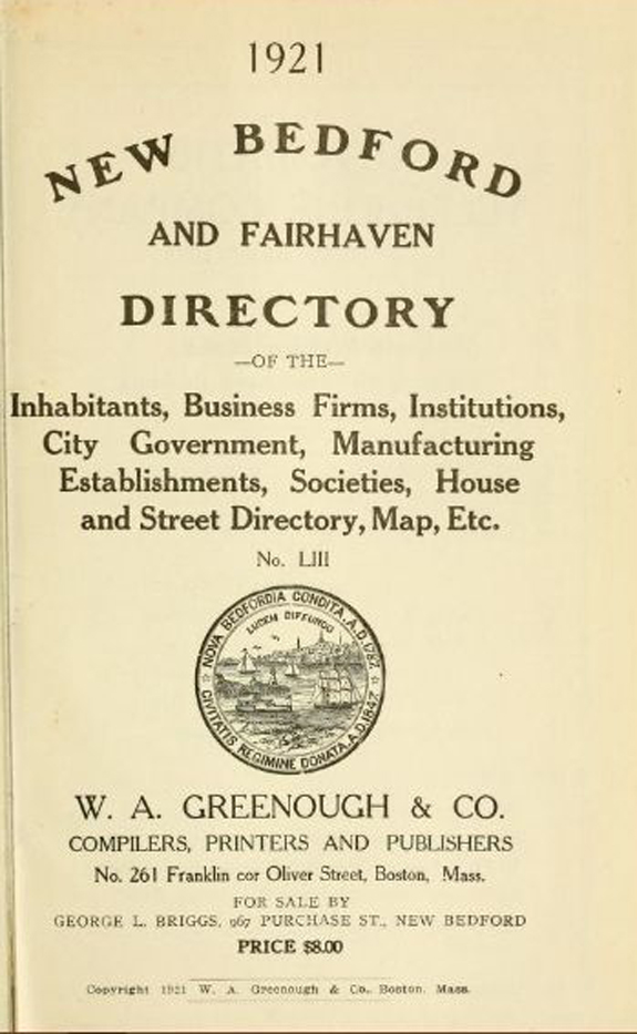 1921 New BEdford, Massachusetts  directory - www.WhalingCity.net