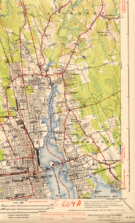 1936 topographical Map Southeast New Bedford, Ma - www.WhalingCity.net